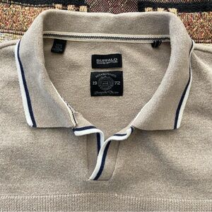 Buffalo David Bitton Beige V-Neck Polo Sweater with Navy & White Trim